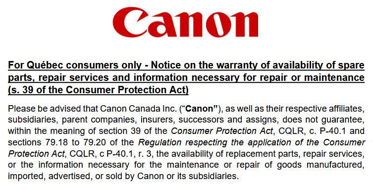 Canon does not guarantee the availably or replacement parts or repair services
